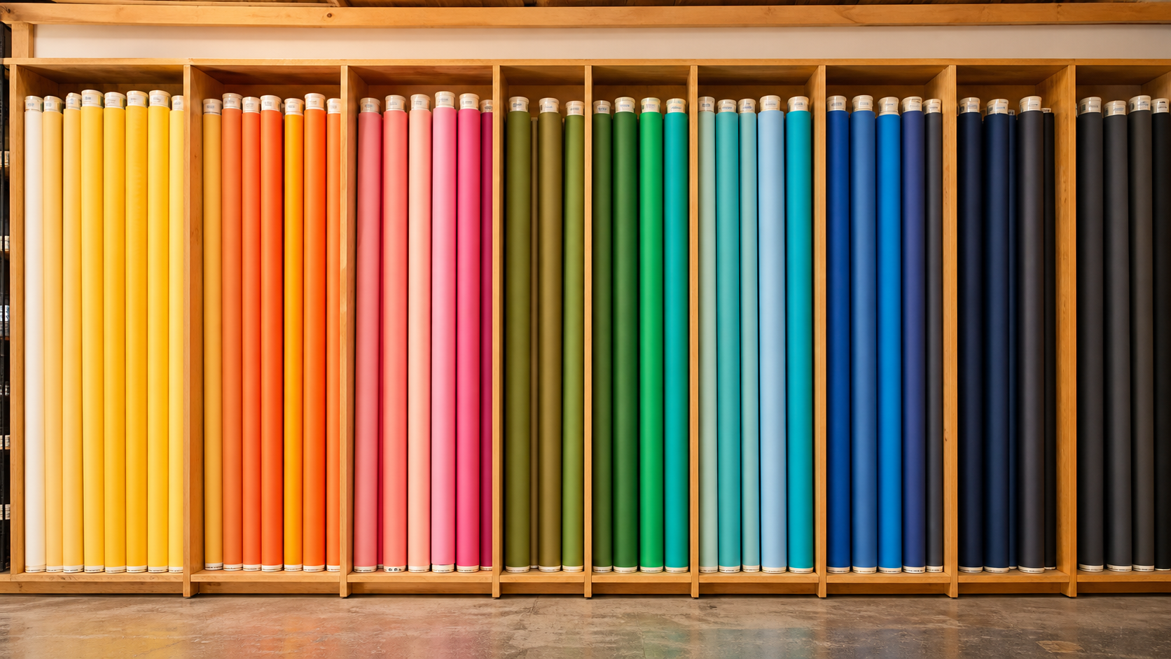 Wall of rolled seamless paper backdrops in various colors