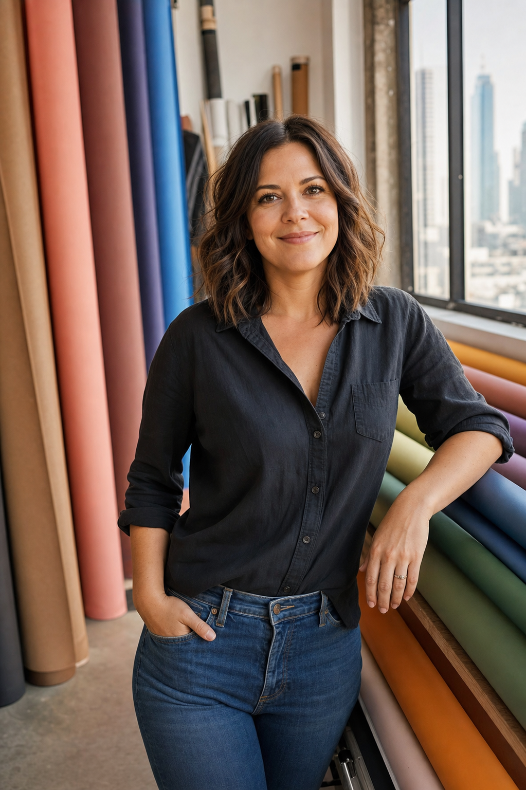 Devon Walsh, founder of Backdrop Studio, among rolled backdrop paper in the Chicago studio