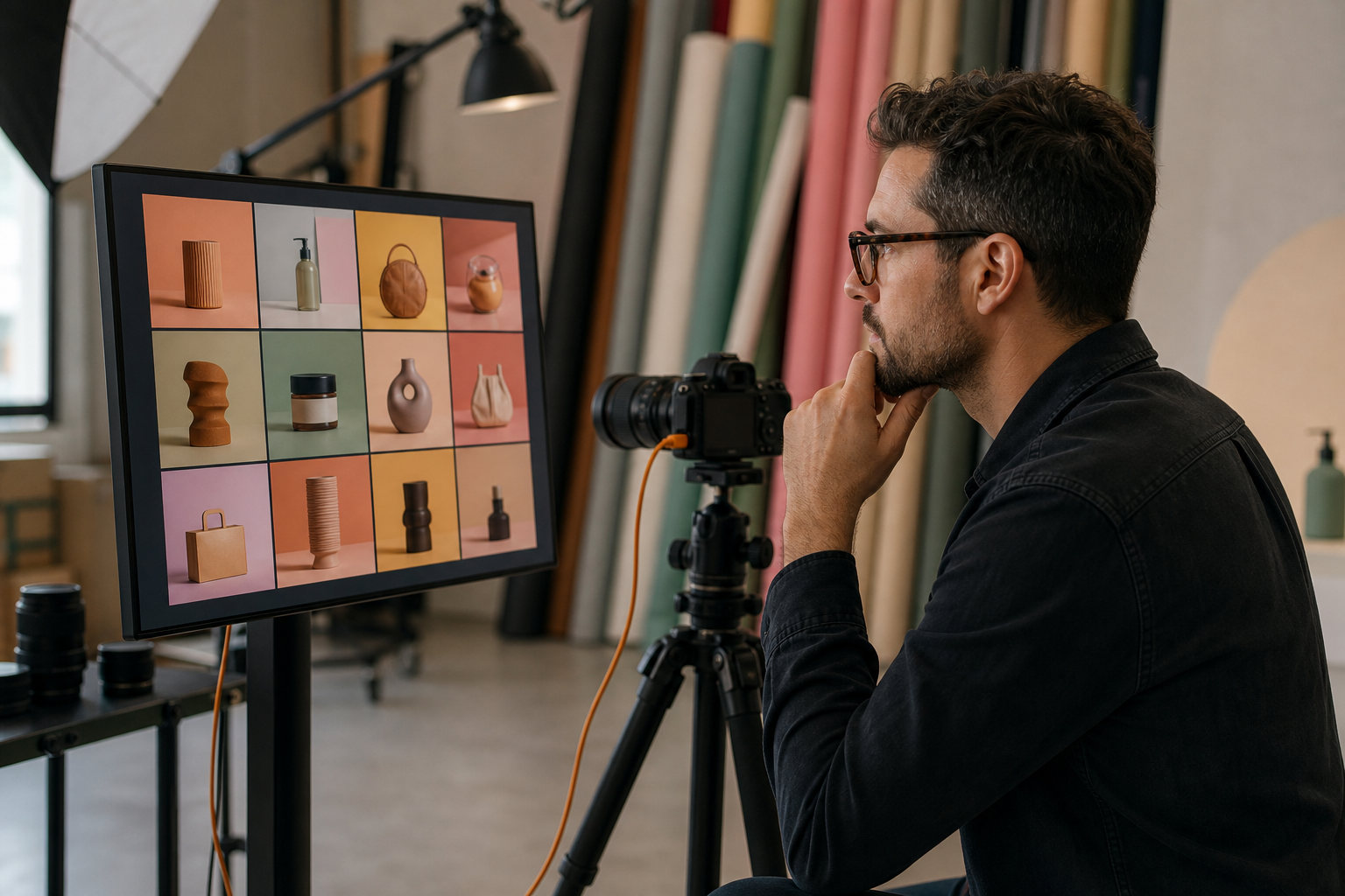 Photographer reviewing product shots on a tethered monitor